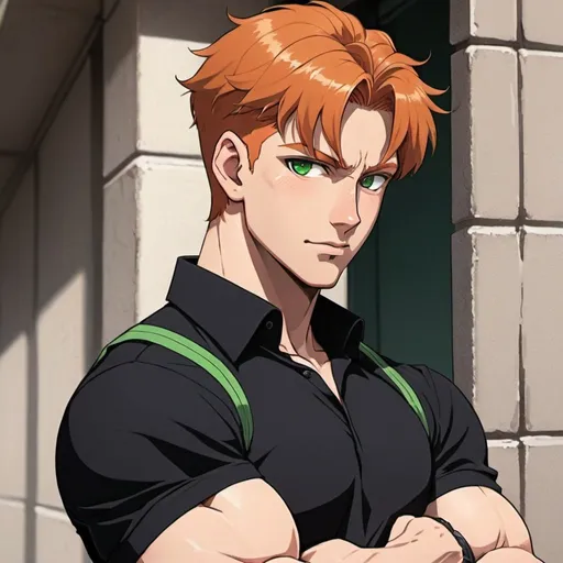 Prompt: anime, handsome man, hot, fair skin, bodyguard, black shirt, green eyes, short ginger hair, leaning against a wall, handsome, muscular, ear piece, protective stance, detailed facial features, arms crossed, grin, approachable, bright lighting, 90s anime, 80s anime, anime screencap, cartoon, 2d art, romance novel cover