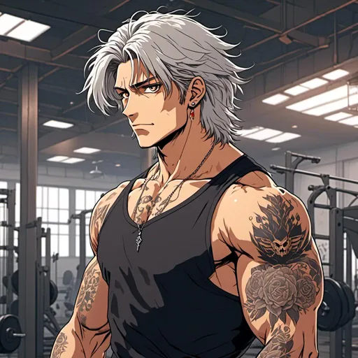 Prompt: <mymodel>
A handsome man with salt and pepper hair and tattoos stands calmly in a gym ready to train heroes.