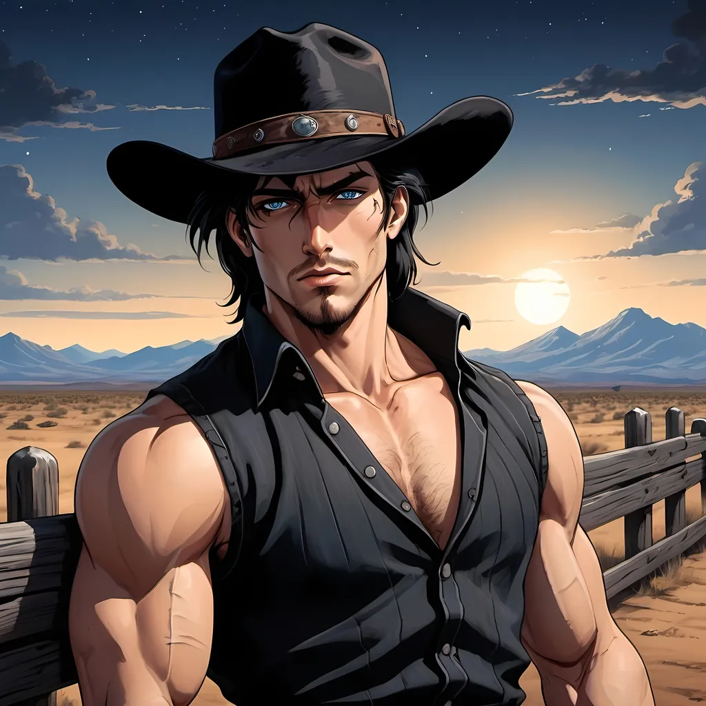 Prompt: man, leaning back on a wooden fence, bandit, handsome, black cowboy hat, black hair, tan, blue eyes, stubble, chiseled features, long hair, rugged, tattoos, western desert background, night sky, bandana, wearing all black, dramatic entrance, handsome, rugged, observant, 1800s, 2D art, illustration, detailed facial features, dramatic lighting, 90s anime, 80s anime, anime screencap, cartoon, 2d art, romance novel cover, anime art style, castlevania anime, beserk anime