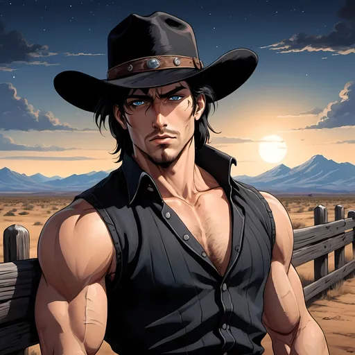 Prompt: man, leaning back on a wooden fence, bandit, handsome, black cowboy hat, black hair, tan, blue eyes, stubble, chiseled features, long hair, rugged, tattoos, western desert background, night sky, bandana, wearing all black, dramatic entrance, handsome, rugged, observant, 1800s, 2D art, illustration, detailed facial features, dramatic lighting, 90s anime, 80s anime, anime screencap, cartoon, 2d art, romance novel cover, anime art style, castlevania anime, beserk anime