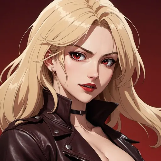 Prompt: fair skin tone, red background, beautiful woman, hot, long light blonde hair, dark eyes, dark red lips, unhinged smile, leather jacket, black choker, dynamic pose, mentally unstable, detailed facial features, dark lighting, 90s anime, 80s anime, anime screencap, cartoon, 2d art, romance novel cover, anime art style, castlevania anime, beserk anime