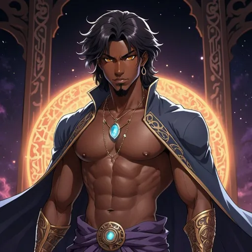 Prompt: anime, dark skin tone, astral background, handsome man, hot, warlock, amber eyes, raven hair, dynamic pose, handsome, muscular, runic tattoos on chest, mystic chest tattoos, powerful stance, open warlock robes, piercings, detailed facial features, smirk, astral lighting, 90s anime, 80s anime, anime screencap, cartoon, 2d art, romance novel cover, ghibli anime art style