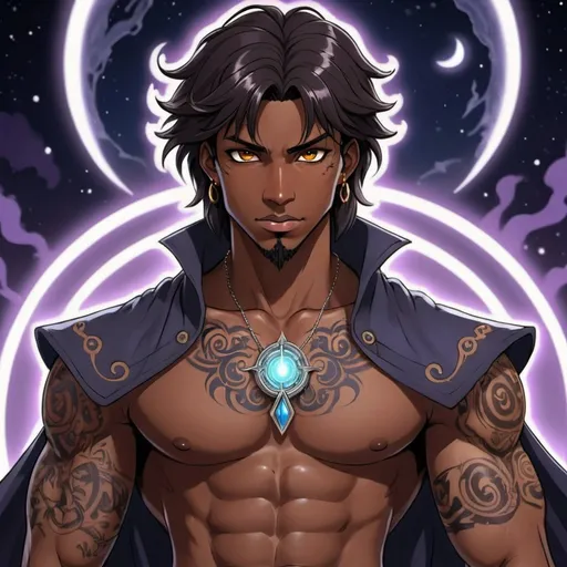 Prompt: anime, dark skin tone, astral background, handsome man, hot, warlock, amber eyes, raven hair, dynamic pose, handsome, muscular, runic tattoos on chest, mystic chest tattoos, powerful stance, open warlock robes, piercings, detailed facial features, smirk, astral lighting, 90s anime, 80s anime, anime screencap, cartoon, 2d art, romance novel cover, ghibli anime art style