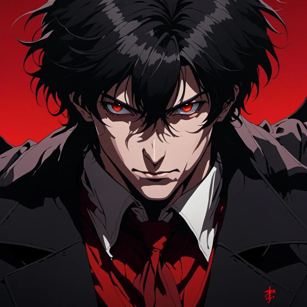 Prompt: <mymodel>sinister man, handsome, beautiful, dark lighting, black hair, red eyes, pale skin, wicked, black suit, red background, villain