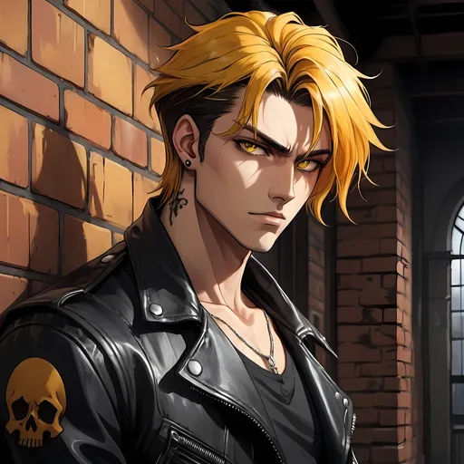 Prompt: man, leans against brick wall, amber eyes, yellow and black split-dyed hair, undercut hair style, tattoos, athletic, leather jacket, dramatic entrance, handsome, rugged, 2D art, illustration, detailed facial features, dramatic lighting, 90s anime, 80s anime, anime screencap, cartoon, 2d art, romance novel cover, anime art style, castlevania anime, beserk anime, comic realism