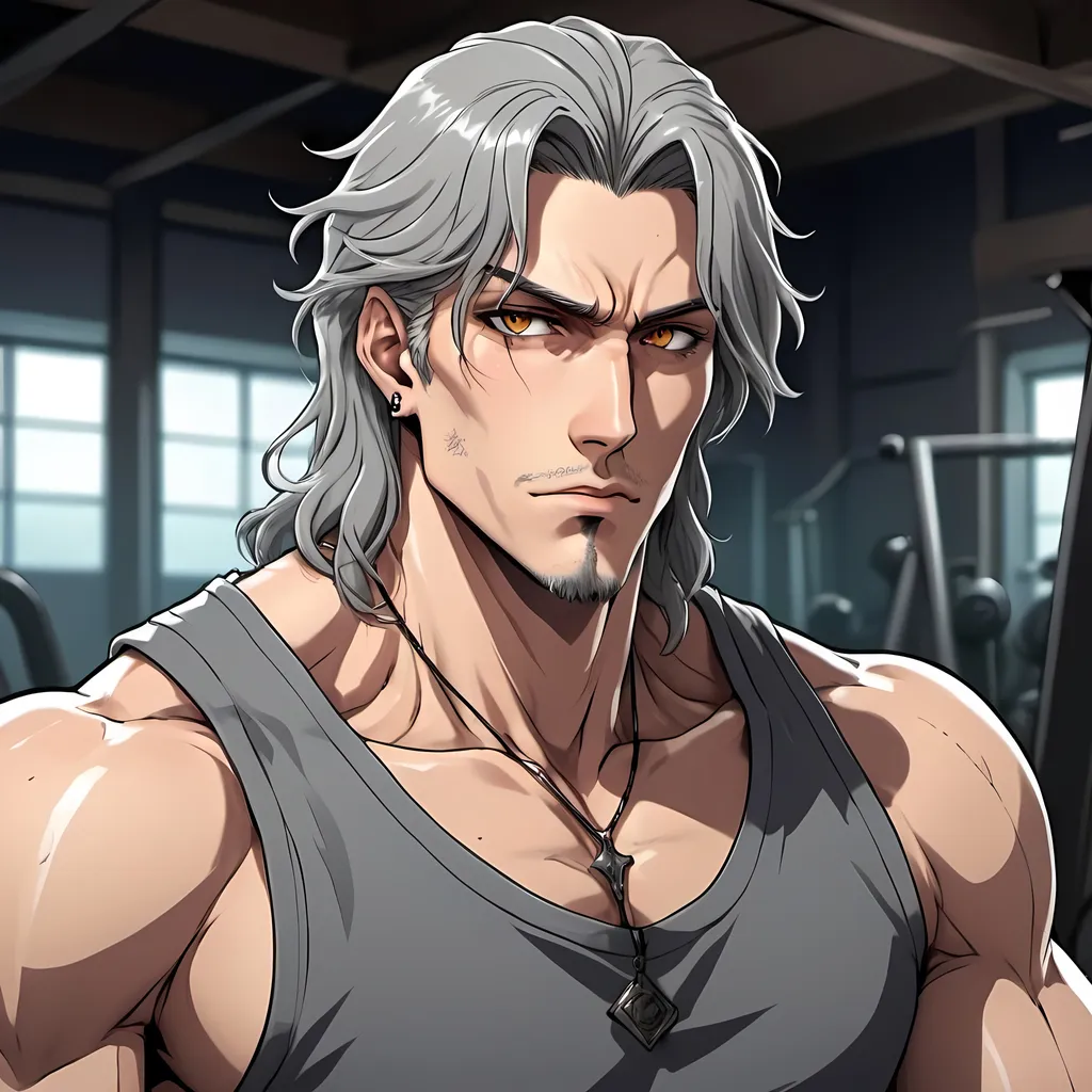 Prompt: man, drinking water, amber eyes, grey hair, military hair style, tattoos, athletic, sweaty, in a gym, dramatic entrance, handsome, rugged, 2D art, illustration, detailed facial features, dramatic lighting, 90s anime, 80s anime, anime screencap, cartoon, 2d art, romance novel cover, anime art style, castlevania anime, beserk anime, comic realism