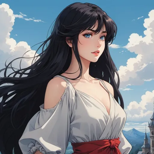 Prompt: fair skin tone, daylight, blue sky background, flowing dress, beautiful woman, hot, long black hair, bangs, blue eyes, dark red lips, innocent smile, painter, white, pastel, bright, confused, detailed facial features, dark lighting, 90s anime, 80s anime, anime screencap, cartoon, 2d art, romance novel cover, anime art style, castlevania anime, beserk anime