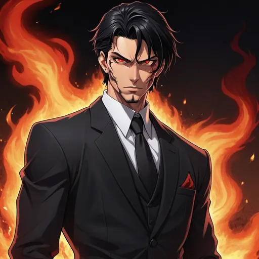 Prompt: handsome man, hot, tan skin, king of hell, black suit, red eyes, neat black hair, fire background, handsome, hellish tattoo on left side of face, piercings, suave stance, side pose, detailed facial features, hands in pockets, Hellish setting, powerful presence, dark lighting, 90s anime, 80s anime, anime screencap, cartoon, 2d art, romance novel cover