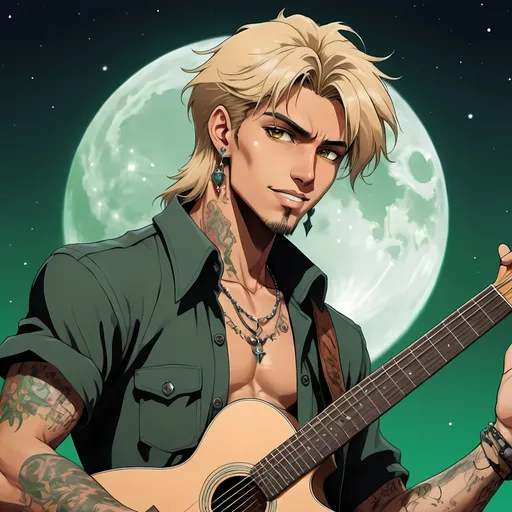 Prompt: anime, man, portrait, mixed race, blonde, playful, grinning, soft features, athletic build, brown eyes, tan skin, handsome, rock star, beautiful, soft smile, plays guitar, covered in tattoos, piercings, earrings, punk, chill, rugged, hot, stoic, green moon background, 2D art, illustration, detailed facial features, dramatic lighting, 90s anime, 80s anime, anime screencap, cartoon, 2d art, romance novel cover, anime art style, castlevania anime, beserk anime