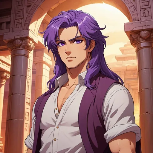Prompt: archaeologist, chiseled features, hot, sun-kissed skin, purple eyes, luxurious purple hair, ancient temple interior, handsome, adventurer, confident stance, detailed facial features, flowing hair, majestic, antique temple setting, powerful presence, warm lighting, 90s anime, 80s anime, anime screencap, cartoon, 2d art, romance novel cover