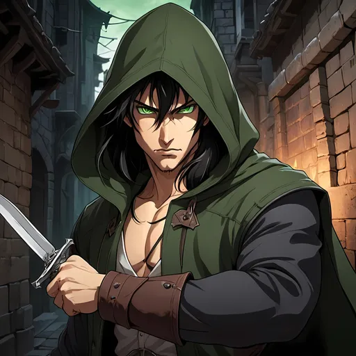 Prompt: rugged, man, black hair, tan skin, assassin, medieval, clever, green eyes, smirk, handsome, brandishes knives in defense, readies to fight, dark alley, smug, shadows, cloaked, hooded, sneaky, 2D art, illustration, detailed facial features, dramatic lighting, 90s anime, 80s anime, anime screencap, cartoon, 2d art, romance novel cover, anime art style, castlevania anime, beserk anime