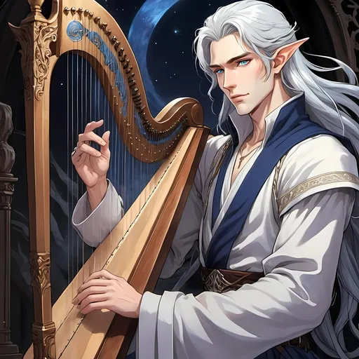 Prompt: man, silver hair, blue eyes, pale skin, handsome, celestial robes, braids, elven jewelry, playing a harp, serene, pointed ears, elegant, hot, 2D art, illustration, detailed facial features, dramatic lighting, 90s anime, 80s anime, anime screencap, cartoon, 2d art, romance novel cover, anime art style, castlevania anime, beserk anime