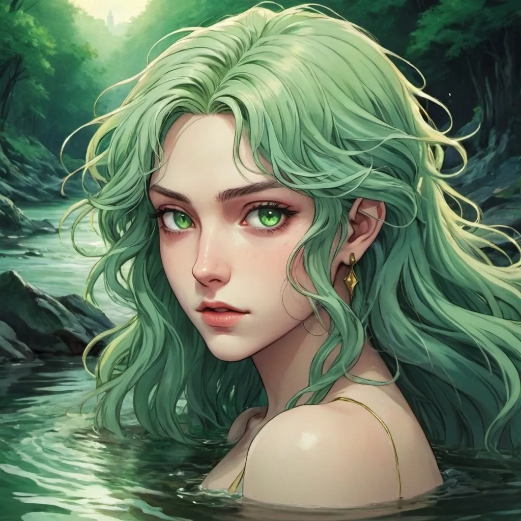 Prompt: woman, nymph, river nymph, green skin tone, messy and wavy hair, pastel green hair, hot, gold eyes, fantasy, in a river, 2D art, illustration, detailed facial features, dramatic lighting, 90s anime, 80s anime, anime screencap, cartoon, 2d art, romance novel cover, anime art style, castlevania anime, beserk anime