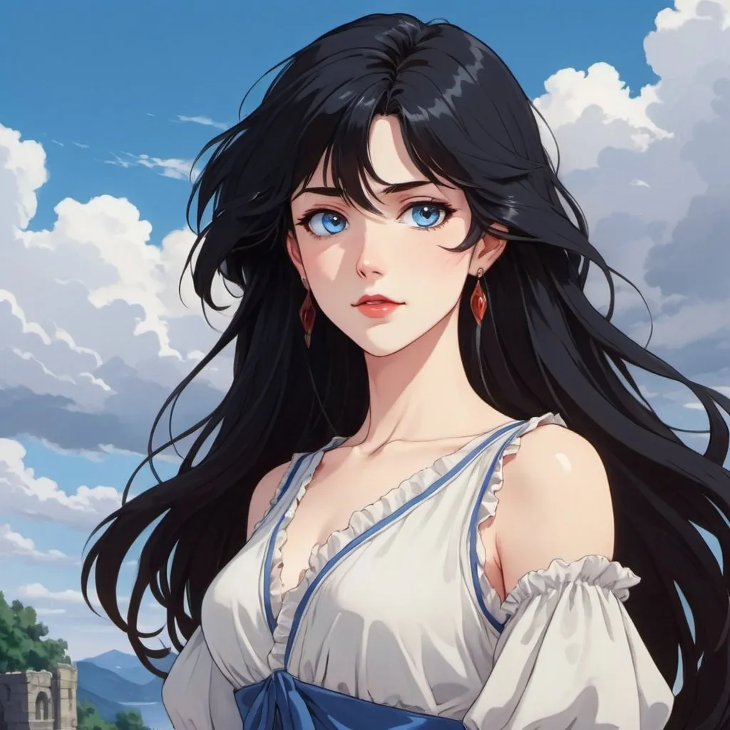 Prompt: fair skin tone, daylight, blue sky background, flowing dress, beautiful woman, hot, long black hair, bangs, blue eyes, dark red lips, innocent smile, painter, white, pastel, bright, confused, detailed facial features, dark lighting, 90s anime, 80s anime, anime screencap, cartoon, 2d art, romance novel cover, anime art style, castlevania anime, beserk anime