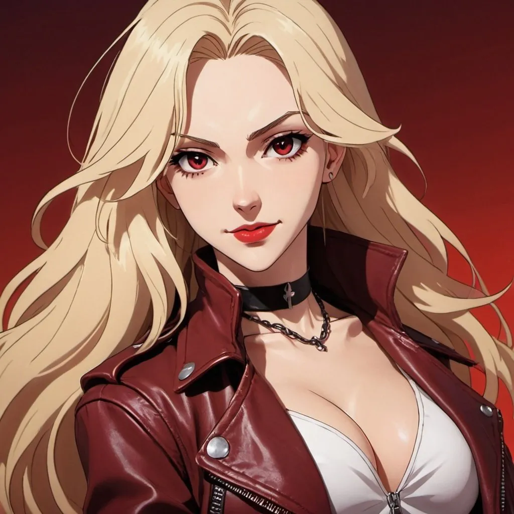 Prompt: fair skin tone, red background, beautiful woman, hot, long light blonde hair, dark eyes, dark red lips, unhinged smile, leather jacket, black choker, dynamic pose, mentally unstable, detailed facial features, dark lighting, 90s anime, 80s anime, anime screencap, cartoon, 2d art, romance novel cover, anime art style, castlevania anime, beserk anime