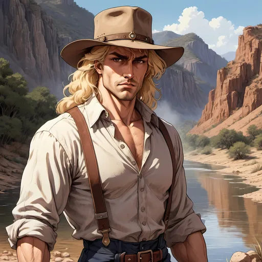 Prompt: man, handsome, suspenders, blonde hair, prospector, prospector hat, brown eyes, stubble, open loose shirt, southern, chiseled features, messy curls, rugged, western desert background, prospecting for gold, standing in a river, dramatic entrance, handsome, 1800s, 2D art, illustration, detailed facial features, dramatic lighting, 90s anime, 80s anime, anime screencap, cartoon, 2d art, romance novel cover, anime art style, castlevania anime, beserk anime, comic realism