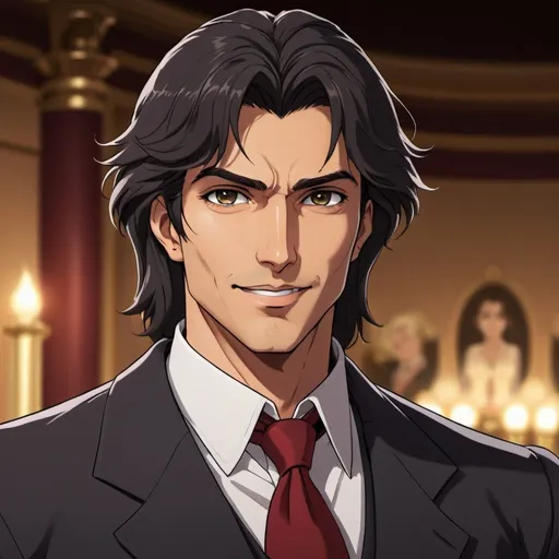 Prompt: olive skin tone, casino, elegant, business attire, handsome man, hot, curling black hair, dark eyes, chiseled features, stubble, charming smile, casual, muscular, Italian, detailed facial features, bright lighting, 90s anime, 80s anime, anime screencap, cartoon, 2d art, romance novel cover, anime art style, castlevania anime, beserk anime, professional work, high resolution, dynamic lighting