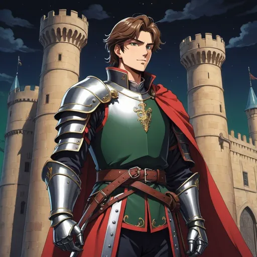 Prompt: (((anime art style))), 1 person, male, brown hair, cocky smile, hot, handsome, royal knight, armor, castle, green eyes, strong, medieval, honorable, proud, suit of armor, queen's guard
BREAK
A man stands vigilant watch outside his queen's chamber.
BREAK
action pose, emotion, dynamic pose, detailed pose, detailed faces, accurate anatomy, dark lighting, night time, cold lighting
BREA
90s anime, 80s anime, anime screencap, cartoon, 2d art, romance novel cover, anime, ghibli anime, beserk anime, castlevania anime, ghibli, castlevania, beserk