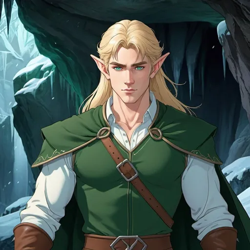 Prompt: pale skin tone, frozen cave background, handsome elven man, hot, ranger, green eyes, long blonde hair, dynamic pose, handsome, muscular, bow on back, frown, cold stance, green elven leathers, elf ears, detailed facial features, frown, cold lighting, 90s anime, 80s anime, anime screencap, cartoon, 2d art, romance novel cover, anime art style