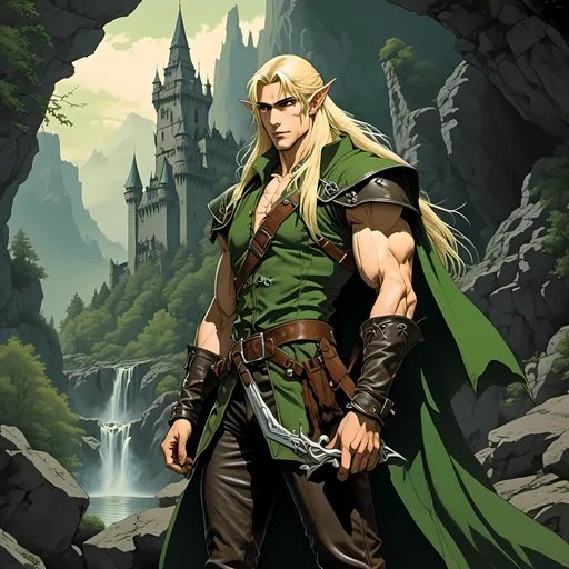 Prompt: <mymodel> pale skin tone, handsome elven man, hot, ranger, green eyes, long blonde hair, handsome, muscular, bow on back, frown, cold stance, green elven leathers, elf ears, cave background
