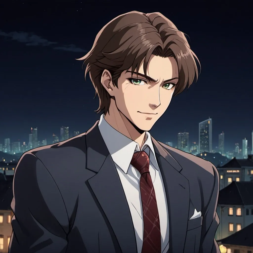 Prompt: fair skin tone, distant city background, night, man, hot, handsome, short borwn hair, neat hair, light eyes, suit, sweet smile, expensive watch, well groomed, detailed facial features, dark lighting, 90s anime, 80s anime, anime screencap, cartoon, 2d art, romance novel cover, anime art style, castlevania anime, beserk anime