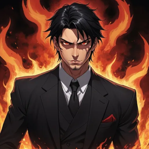 Prompt: handsome man, hot, tan skin, king of hell, black suit, red eyes, neat black hair, fire background, handsome, hellish tattoo on left side of face, piercings, suave stance, detailed facial features, hands in pockets, Hellish setting, powerful presence, dark lighting, 90s anime, 80s anime, anime screencap, cartoon, 2d art, romance novel cover