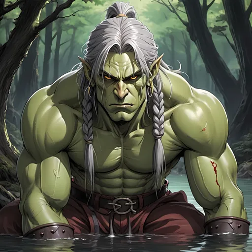 Prompt: male orc, braided grey hair, light eyes, green skin, handsome, tusks, tall, pointed ears, amber eyes, crouching down, scooping water, looking at me, curious, bloody, washes his face, hot, forest background, 2D art, illustration, detailed facial features, dramatic lighting, 90s anime, 80s anime, anime screencap, cartoon, 2d art, romance novel cover, anime art style, castlevania anime, beserk anime