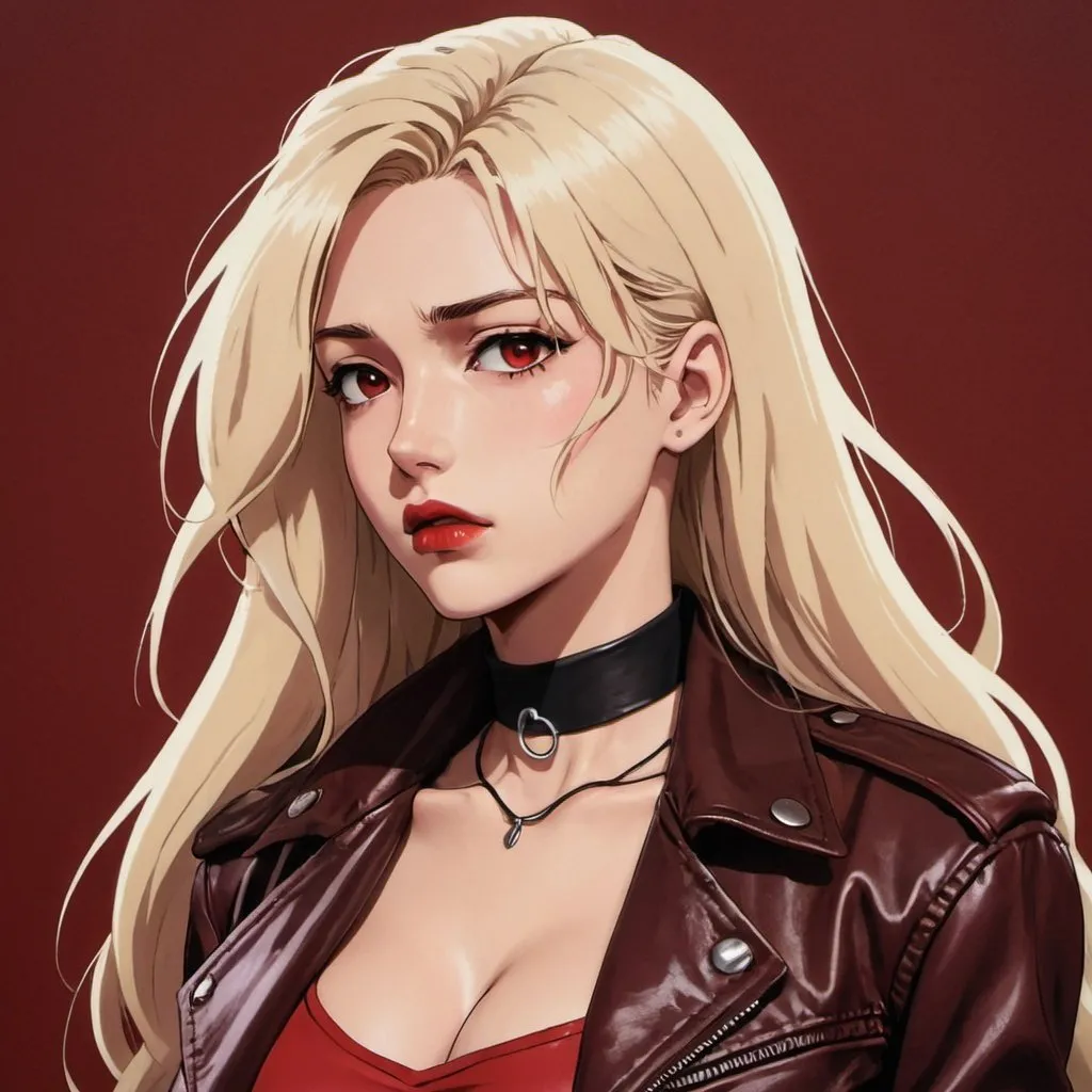 Prompt: fair skin tone, red background, beautiful woman, hot, long light blonde hair, dark eyes, dark red lips, sad, distressed, leather jacket, black choker, mentally unstable, detailed facial features, dark lighting, 90s anime, 80s anime, anime screencap, cartoon, 2d art, romance novel cover, anime art style, castlevania anime, beserk anime