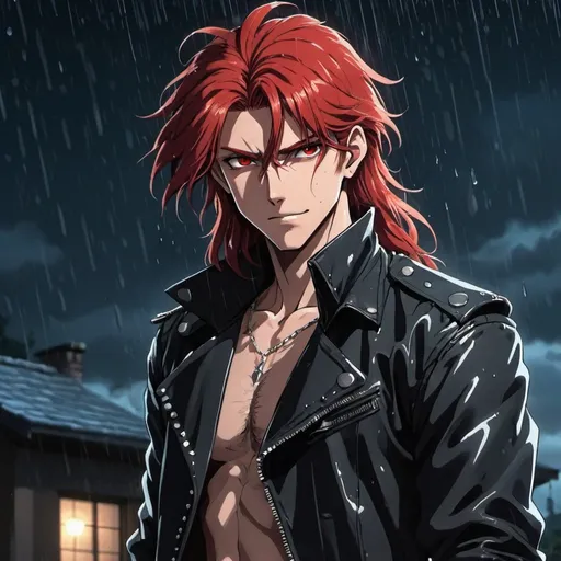 Prompt: (((anime art style))), 1 person, male, crimson red hair, long hair, hair in face, cocky smile, studded leather jacket, rock star, punk rock, rain, hot, beautiful, red eyes
BREAK
A man stands in the rain in the dark in front of a house.
BREAK
action pose, emotion, dynamic pose, detailed pose, detailed faces, accurate anatomy, dark lighting, night time, cold lighting
BREA
90s anime, 80s anime, anime screencap, cartoon, 2d art, romance novel cover, anime, ghibli anime, beserk anime, castlevania anime, ghibli, castlevania, beserk