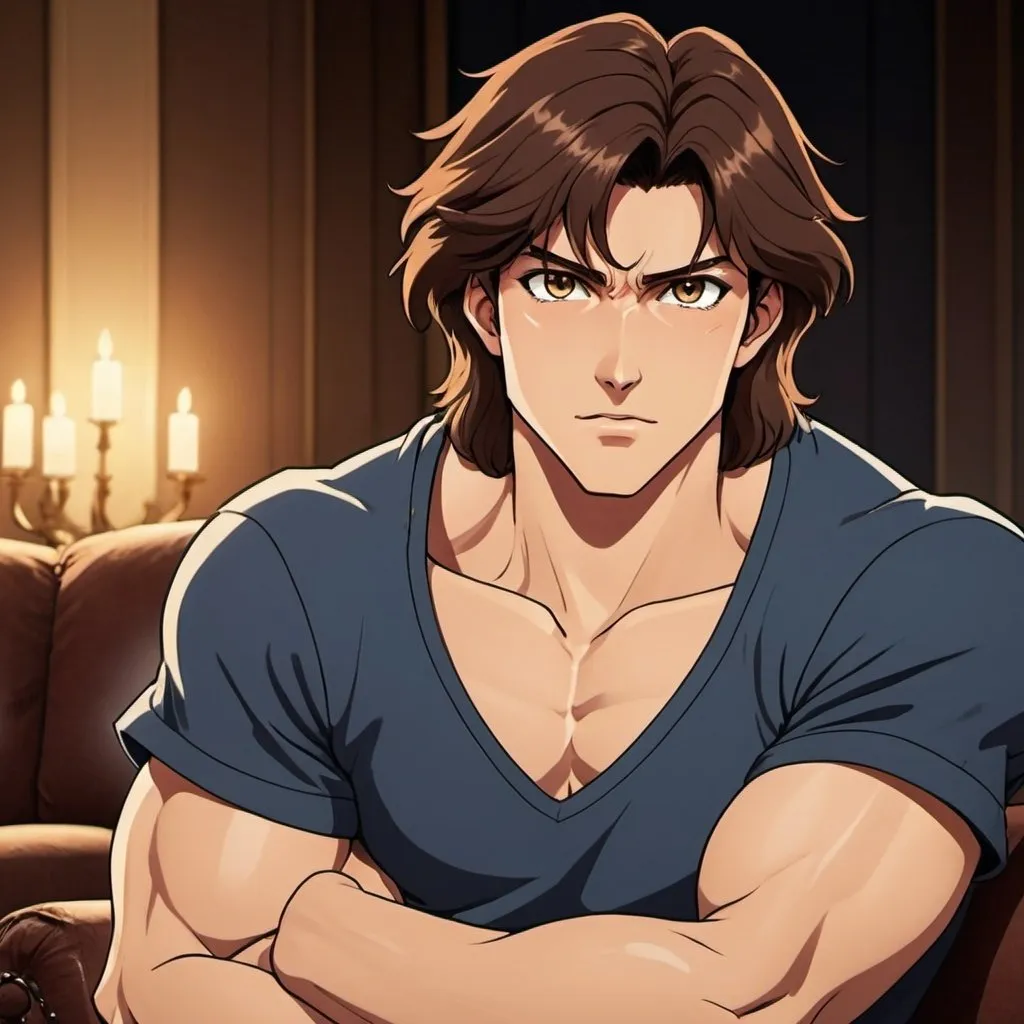 Prompt: fair skin tone, hero, handsome man, brown hair, heroic, modern living room, gold eyes, t-shirt and jeans, heroic pose, detailed facial features, dramatic lighting, 90s anime, 80s anime, anime screencap, cartoon, 2d art, romance novel cover, anime art style, castlevania anime, beserk anime