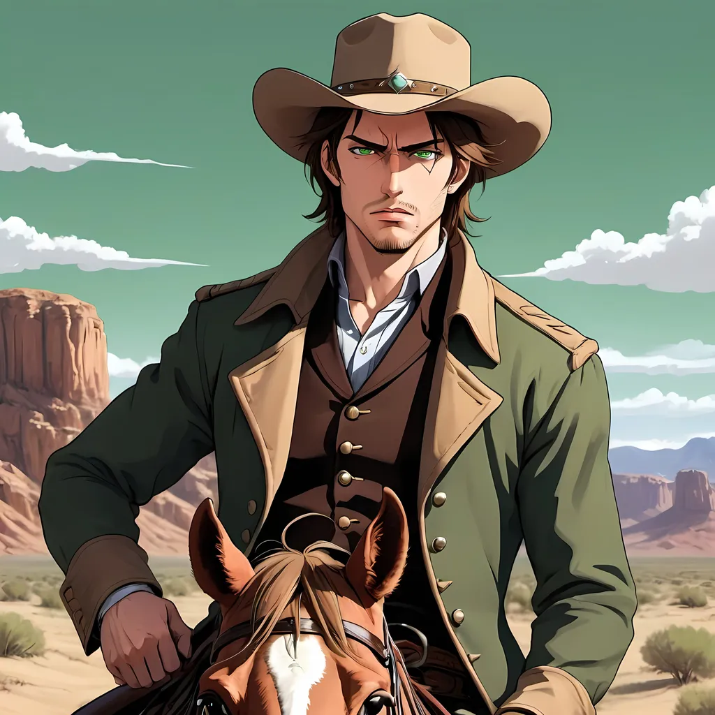 Prompt: man, cowboy, handsome, cowboy hat, coat, brown hair, green eyes, stubble, riding a horse, hair tied back, gruff, rugged, western desert background, handsome, rough, rugged, concern, 1800s, 2D art, illustration, detailed facial features, dramatic lighting, 90s anime, 80s anime, anime screencap, cartoon, 2d art, romance novel cover, anime art style, castlevania anime, beserk anime