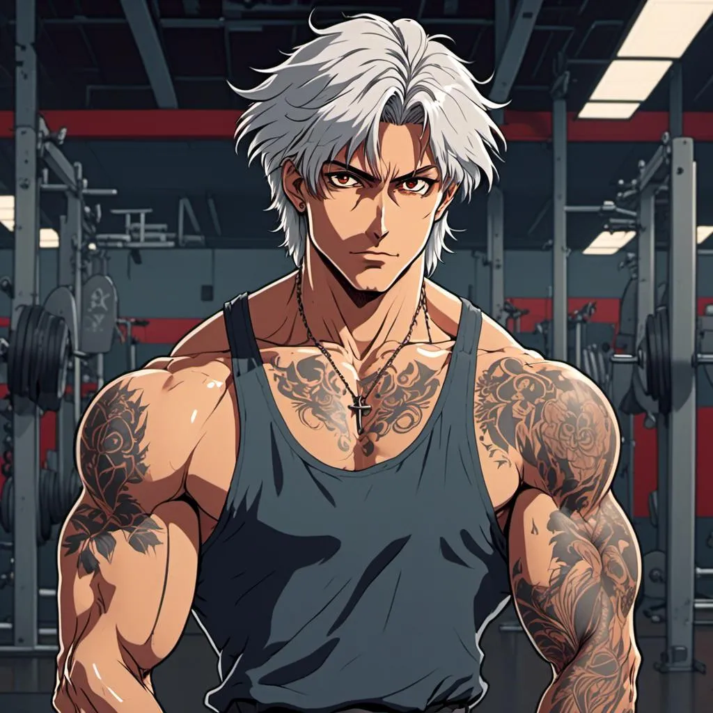 Prompt: <mymodel>
A handsome man with salt and pepper hair and tattoos stands calmly in a gym ready to train heroes.