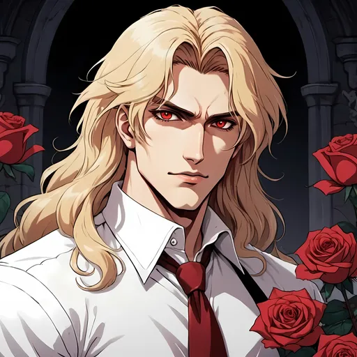 Prompt: vampire, man, handsome, long wavy blonde hair, chiseled features, white shirt, portrait, red roses, looking at me, fangs, 2D art, illustration, detailed facial features, dramatic lighting, 90s anime, 80s anime, anime screencap, cartoon, 2d art, romance novel cover, anime art style, castlevania anime, beserk anime