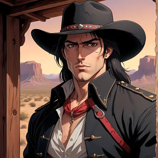 Prompt: man, handsome, black cowboy hat, black hair, black duster, hand on belt, brown eyes, stubble, crooked nose, southern, chiseled features, low pony tail hair, rugged, western desert background, twilight sky, red bandana, dramatic entrance, handsome, 1800s, 2D art, illustration, detailed facial features, dramatic lighting, 90s anime, 80s anime, anime screencap, cartoon, 2d art, romance novel cover, anime art style, castlevania anime, beserk anime, comic realism