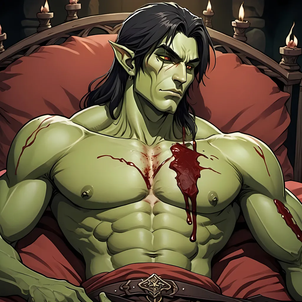 Prompt: male orc, black hair, dark eyes, green skin, handsome, tusks, tall, laying down, laying on his back, bloody, in pain, wounded, hot, in a bed, in an elven bed, 2D art, illustration, detailed facial features, dramatic lighting, 90s anime, 80s anime, anime screencap, cartoon, 2d art, romance novel cover, anime art style, castlevania anime, beserk anime