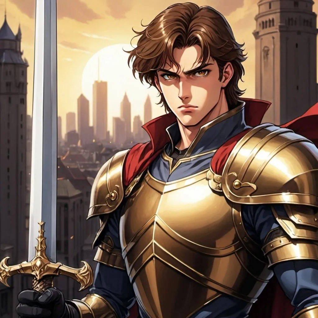 Prompt: fair skin tone, hero, handsome man, brown hair, heroic, city background, gold eyes, modern knightly armor, sword and shield, heroic pose, detailed facial features, dramatic lighting, 90s anime, 80s anime, anime screencap, cartoon, 2d art, romance novel cover, anime art style, castlevania anime, beserk anime