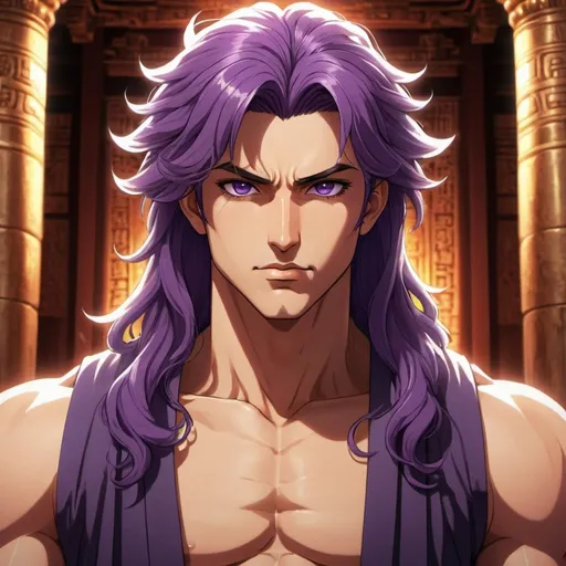 Prompt: ancient male god, chiseled features, hot, sun-kissed skin, antiquated deity, purple eyes, luxurious purple hair, ancient temple interior, handsome, deity, confident stance, detailed facial features, flowing hair, majestic, antique temple setting, powerful presence, warm lighting, 90s anime, 80s anime, anime screencap, cartoon, 2d art, romance novel cover