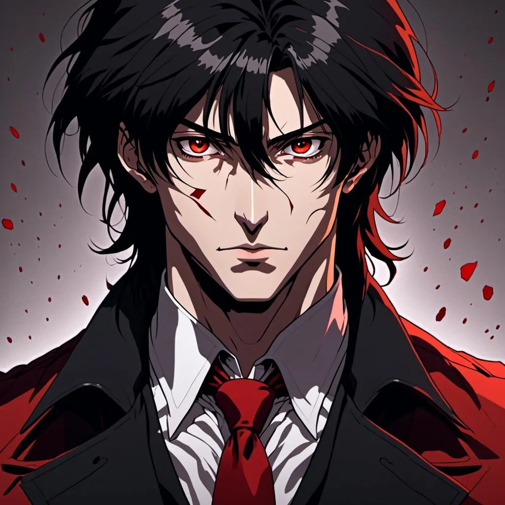 Prompt: <mymodel>sinister man, handsome, beautiful, dark lighting, black hair, red eyes, pale skin, wicked, black suit, red background, villain