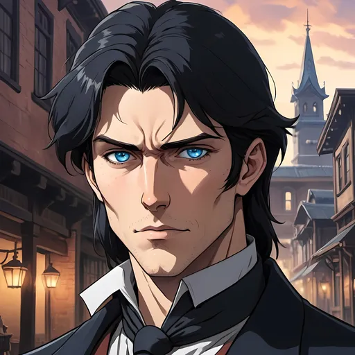 Prompt: man, blue eyes, neat black hair, low pony tail, western businessman, freckles, 1800s suit, hot, gaunt cheeks, western town background, dramatic entrance, handsome, 2D art, illustration, detailed facial features, dramatic lighting, 90s anime, 80s anime, anime screencap, cartoon, 2d art, romance novel cover, anime art style, castlevania anime, beserk anime, comic realism