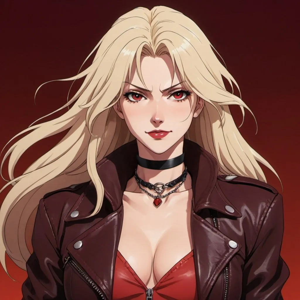 Prompt: fair skin tone, red background, beautiful woman, hot, long light blonde hair, dark eyes, dark red lips, unhinged smile, leather jacket, black choker, dynamic pose, mentally unstable, detailed facial features, dark lighting, 90s anime, 80s anime, anime screencap, cartoon, 2d art, romance novel cover, anime art style, castlevania anime, beserk anime