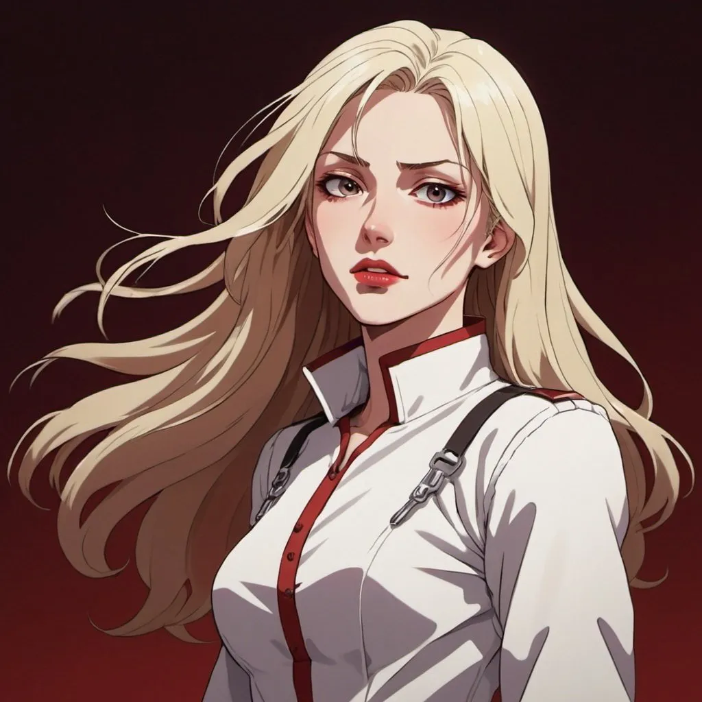 Prompt: fair skin tone, red background, beautiful woman, innocent, hot, long light blonde hair, dark eyes, dark red lips, vacant stare, dynamic pose, mentally unstable, straight jacket, white gown, hospital, detailed facial features, dark lighting, 90s anime, 80s anime, anime screencap, cartoon, 2d art, romance novel cover, anime art style, castlevania anime, beserk anime