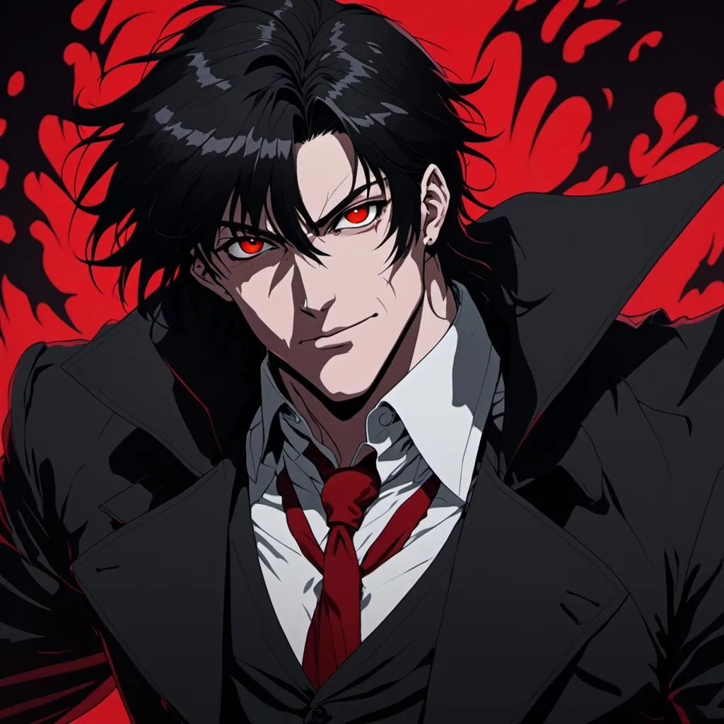 Prompt: <mymodel>sinister man, handsome, beautiful, dark lighting, black hair, red eyes, pale skin, wicked, black suit, red background, villain