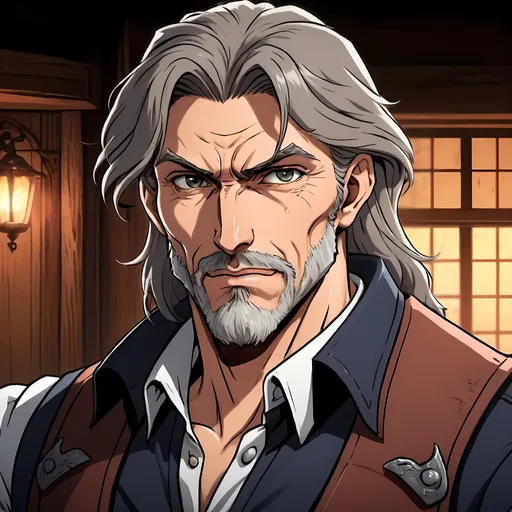 Prompt: man, middle-aged, salt and pepper hair, gruff, rugged, western, saloon owner, handsome, chiseled features, rough, rugged, smirking, 2D art, illustration, detailed facial features, dramatic lighting, 90s anime, 80s anime, anime screencap, cartoon, 2d art, romance novel cover, anime art style, castlevania anime, beserk anime