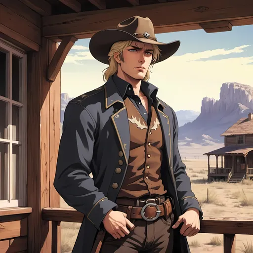 Prompt: anime, man, cowboy, sheriff, handsome, cowboy hat, coat, blonde hair, stubble, riding a horse, southern, strong jaw, short hair, gruff, rugged, western desert background, leaning on a front porch rail, handsome, portrait, rugged, observant, 1800s, 2D art, illustration, detailed facial features, dramatic lighting, 90s anime, 80s anime, anime screencap, cartoon, 2d art, romance novel cover, anime art style, castlevania anime, beserk anime