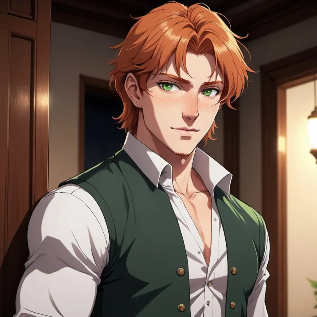 Prompt: fair skin tone, doorframe, body guard, bodyguard attire, handsome man, hot, short ginger hair, bangs, green eyes, freckles, friendly smile, casual, muscular, modern mansion, facial features, bright lighting, 90s anime, 80s anime, anime screencap, cartoon, 2d art, romance novel cover, anime art style, castlevania anime, beserk anime, professional work, high resolution, dynamic lighting