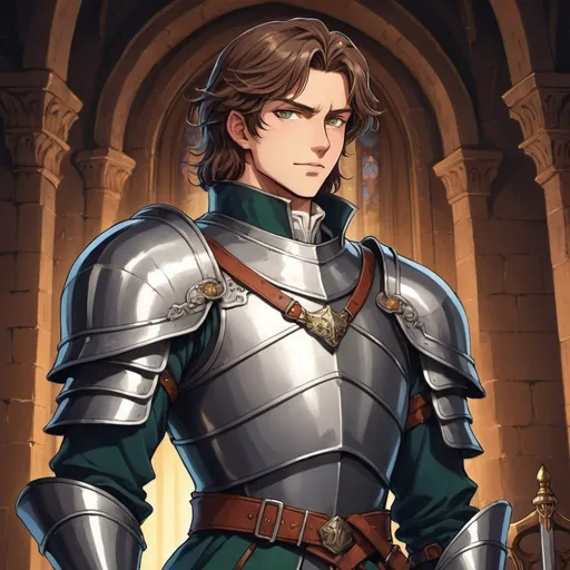 Prompt: (((anime art style))), 1 person, male, brown hair, cocky smile, hot, handsome, royal knight, armor, castle, green eyes, strong, medieval, honorable, proud, suit of armor, queen's guard
BREAK
A man stands vigilant watch outside his queen's chamber.
BREAK
action pose, emotion, dynamic pose, detailed pose, detailed faces, accurate anatomy, dark lighting, night time, cold lighting
BREA
90s anime, 80s anime, anime screencap, cartoon, 2d art, romance novel cover, anime, ghibli anime, beserk anime, castlevania anime, ghibli, castlevania, beserk