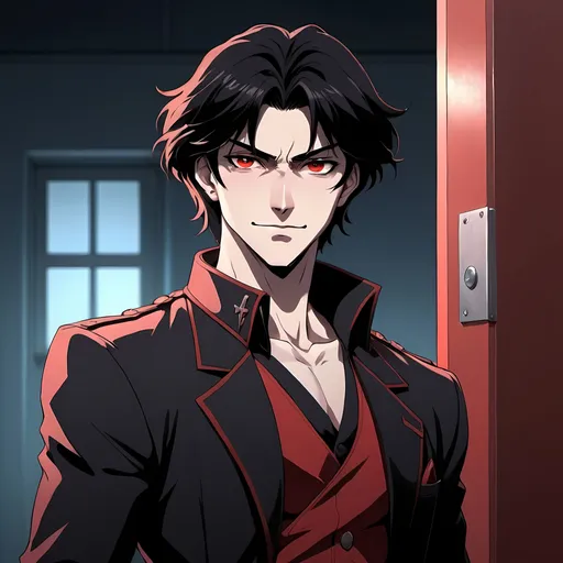 Prompt: (((anime art style))), 1 person, male, black hair, pale skin, wicked smile, hot, villain, handsome, black clothes, red background, black eyes, suave, modern, unhinged smile
BREAK
A man stands in an hospital doorway.
BREAK
action pose, emotion, dynamic pose, detailed pose, detailed faces, accurate anatomy, dark lighting, night time, cold lighting
BREA
90s anime, 80s anime, anime screencap, cartoon, 2d art, romance novel cover, anime, ghibli anime, beserk anime, castlevania anime, ghibli, castlevania, beserk