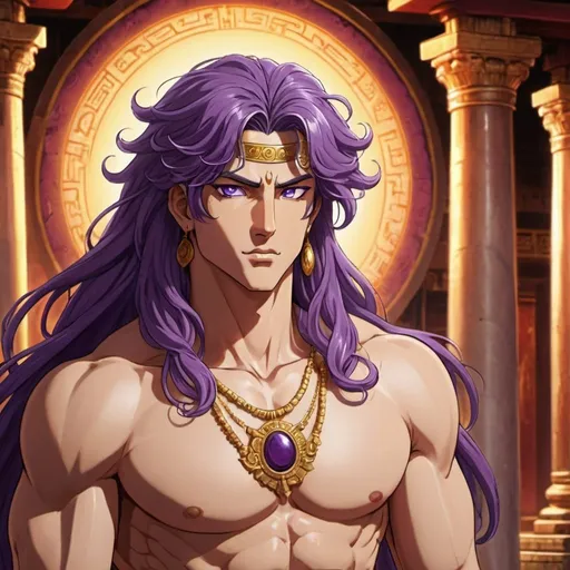 Prompt: ancient male god, chiseled features, hot, sun-kissed skin, antiquated deity, purple eyes, luxurious purple hair, ancient temple interior, handsome, deity, confident stance, detailed facial features, flowing hair, majestic, antique temple setting, powerful presence, warm lighting, 90s anime, 80s anime, anime screencap, cartoon, 2d art, romance novel cover