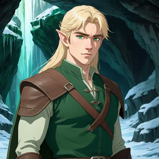 Prompt: anime, pale skin tone, frozen cave background, handsome elven man, hot, ranger, green eyes, long blonde hair, dynamic pose, handsome, muscular, bow on back, frown, cold stance, green elven leathers, detailed facial features, frown, cold lighting, 90s anime, 80s anime, anime screencap, cartoon, 2d art, romance novel cover, ghibli anime art style
