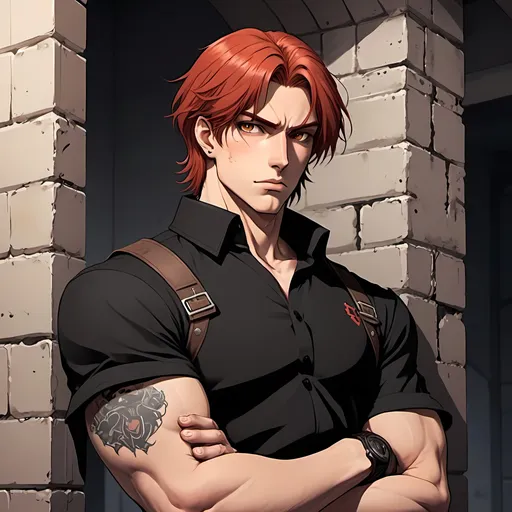 Prompt: man, brown eyes, red hair, short military hair, athletic, bodyguard, black shirt, tactical, cocky, arms crossed, leans against a wall, freckles, tattoos, piercings, dramatic entrance, handsome, 2D art, illustration, detailed facial features, dramatic lighting, 90s anime, 80s anime, anime screencap, cartoon, 2d art, romance novel cover, anime art style, castlevania anime, beserk anime, comic realism